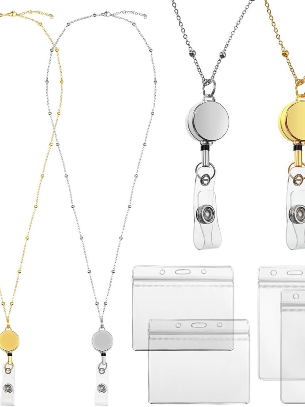 2 Pack Retractable Badge Lanyard with ID Holders, Gold, Silver